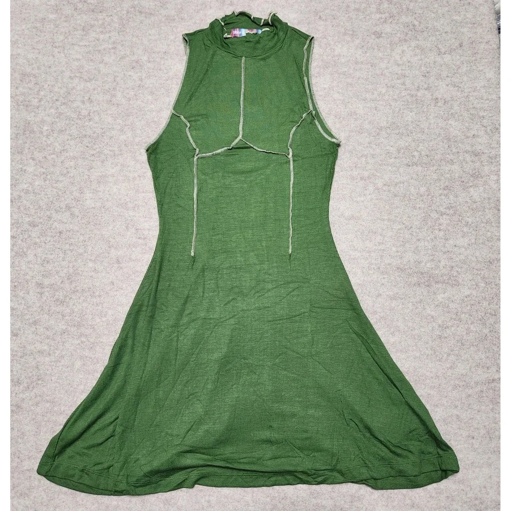 Urban Outfitters Green Ribbed Mock Neck Sleeveless Cutout Back Mini Dress M - Picture 4 of 7